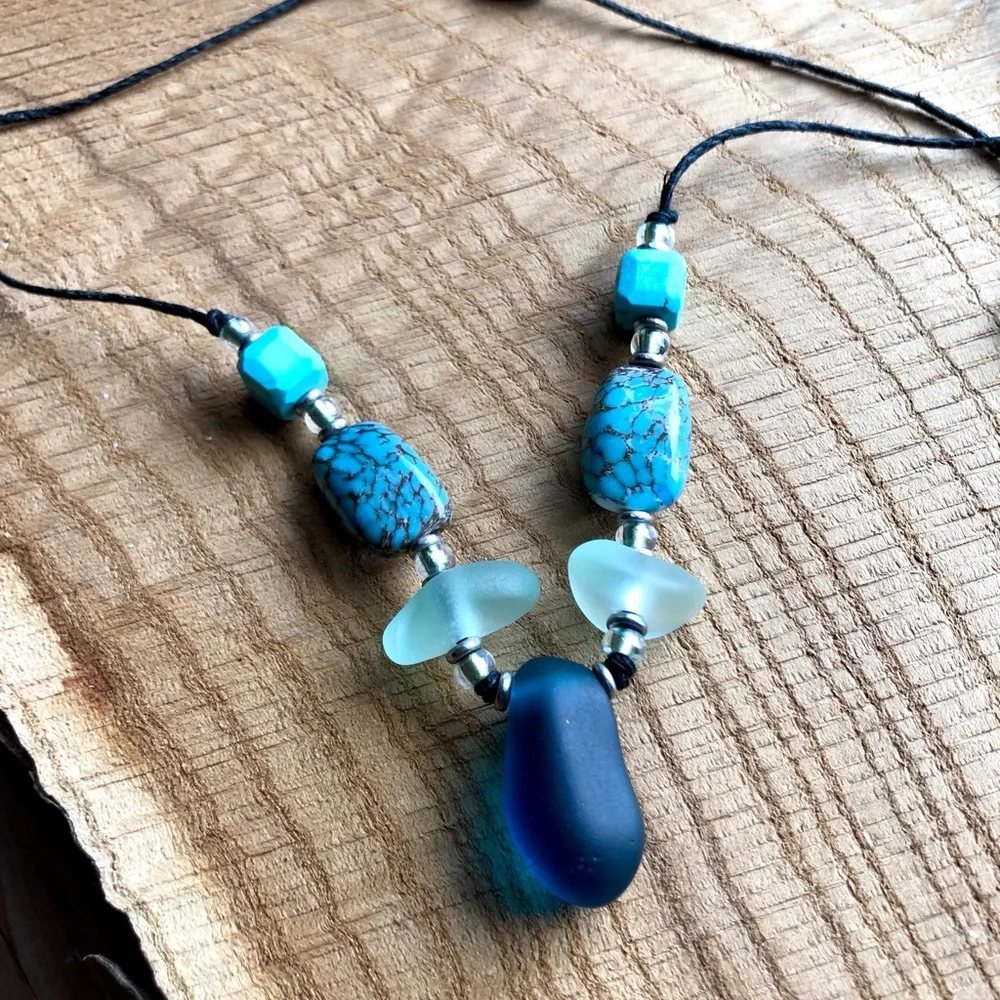 Blue‎ Sea Glass and Turquoise Beaded Necklace, Adjustable